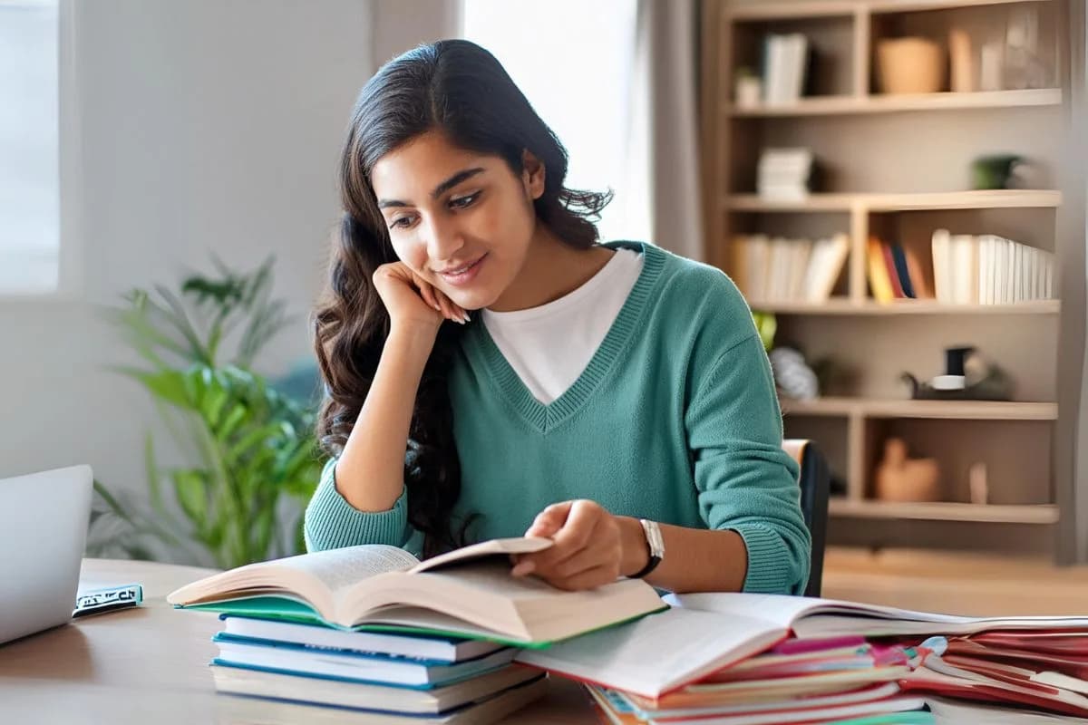 Student preparing for IELTS with books and notes