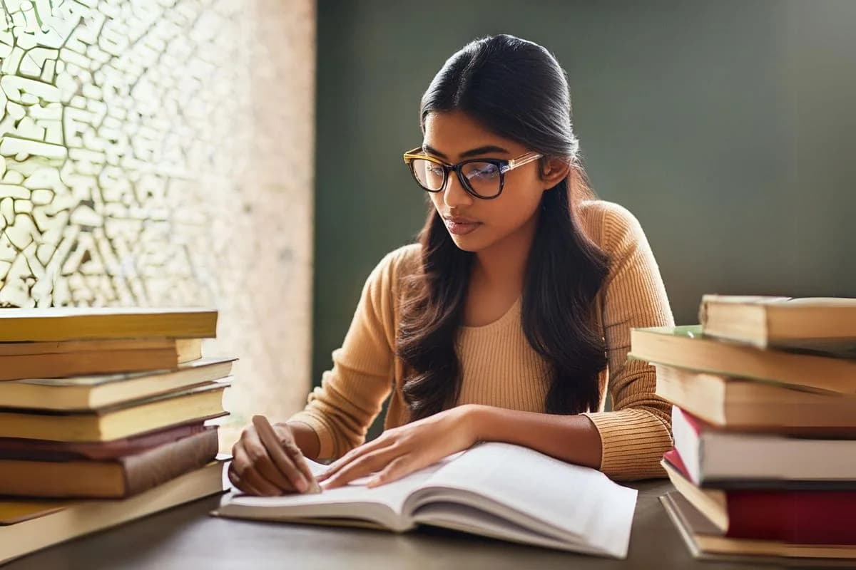 Student preparing for SAT with study books